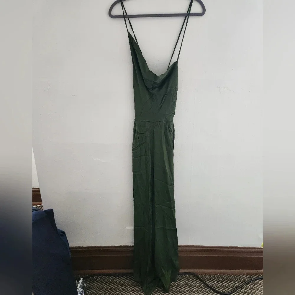 Anthropologie Olive Green Satin Jumpsuit - Picture 4 of 9